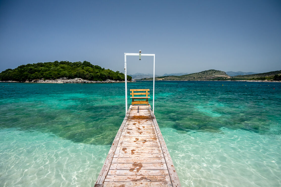 Turquoise water and islands at Ksamil, southern Albania